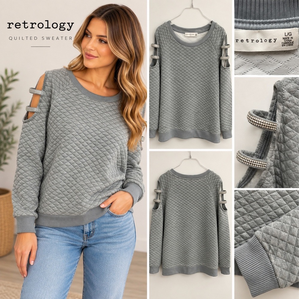 Retrology Women Light Grey Quilted Cold Shoulder Rhinestone Sweater L NWT